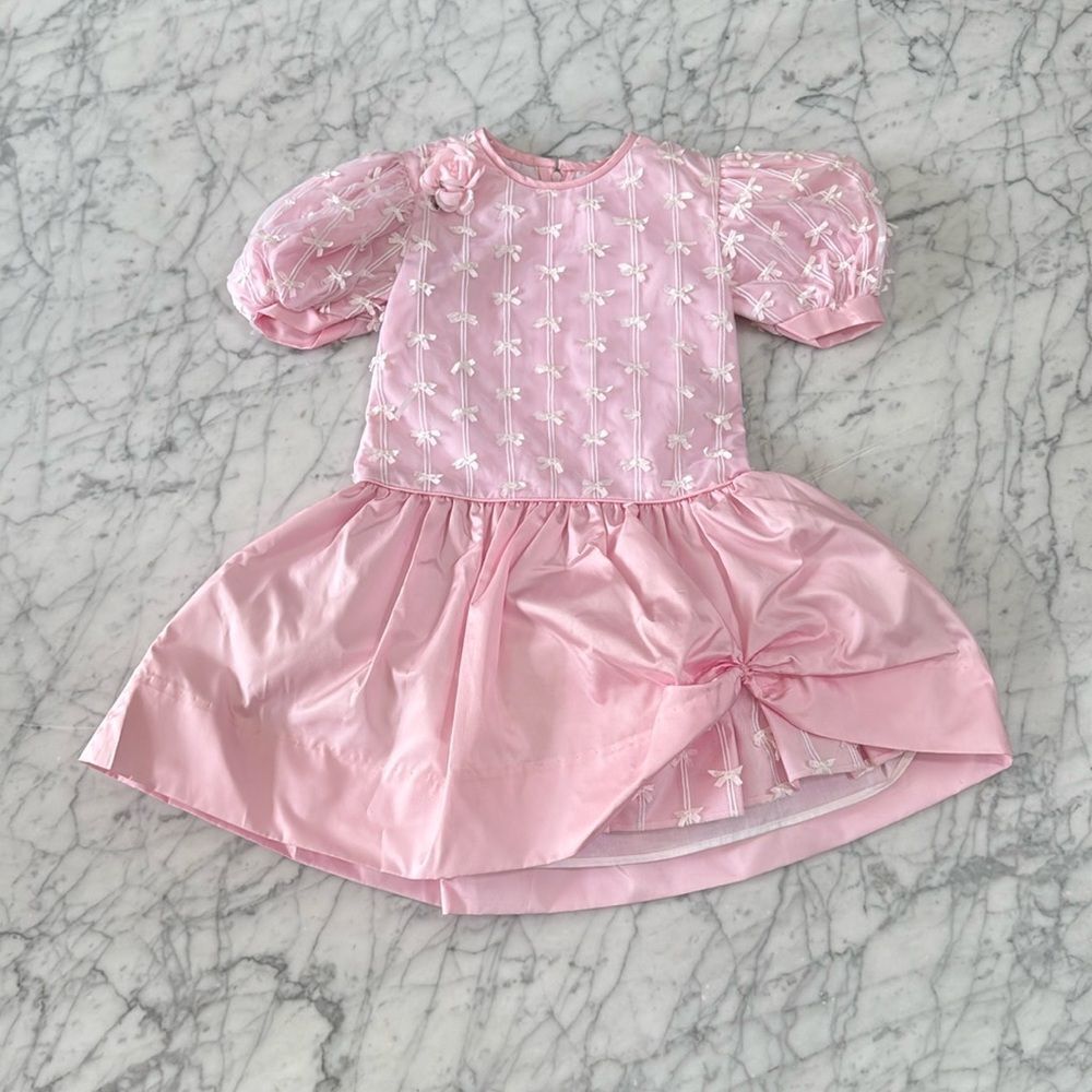 VINTAGE SYLVIA WHYTE PINK WHITE BOW DRESS SIZE 4T PUFF SLEEVE